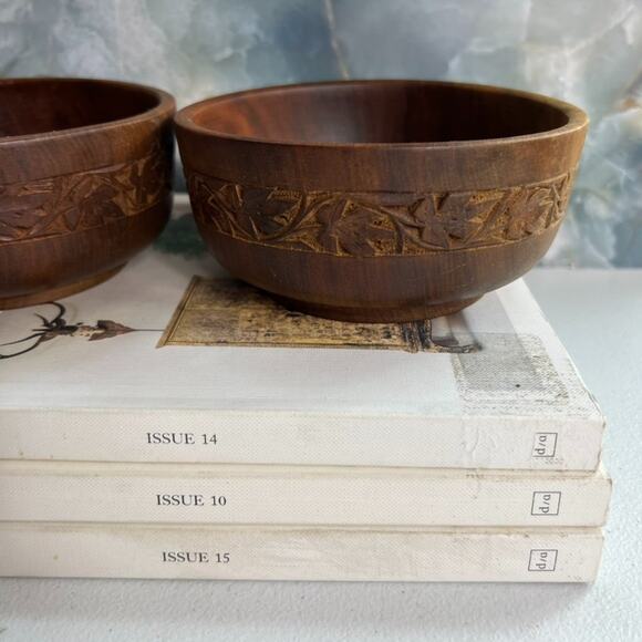 Hand Carved Wooden Bowl Set of 2 Leaf Vine Design Boho Rustic - Picture 4 of 4